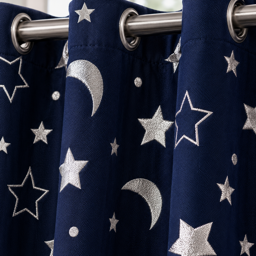 Rideau tamisant étoiles et lunes argentées – détail de la matière