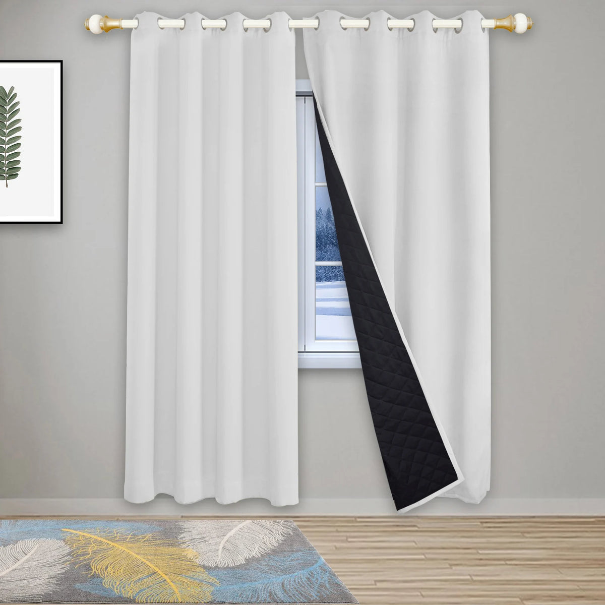 Rideau thermique matelassé 3 couches à doublure noire – Blanc grisé – mise en situation