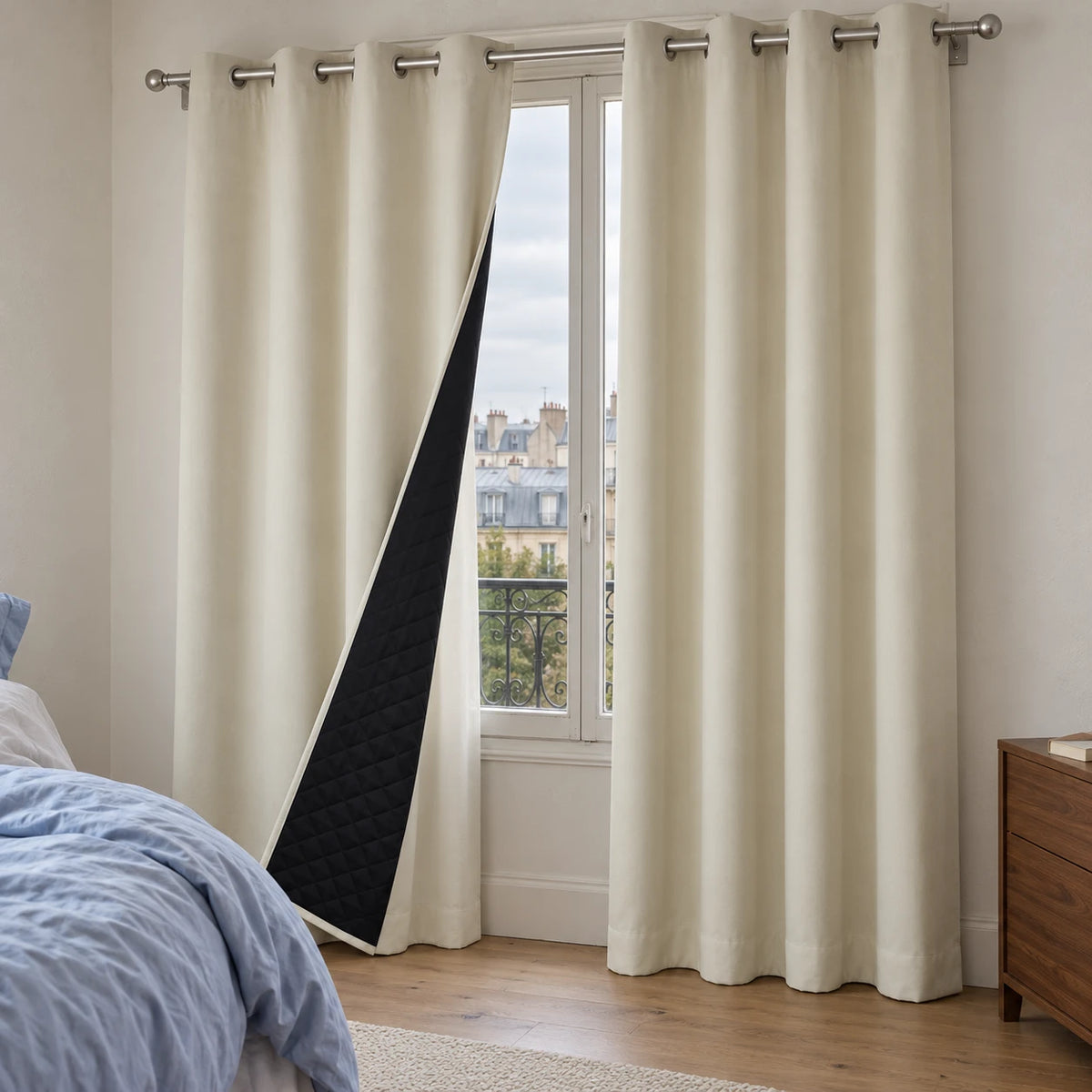 Rideau thermique ivoire à œillets dans une chambre, avec le revers noir matelassé visible.