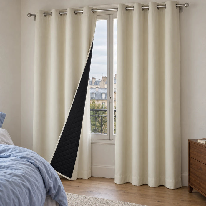 Rideau thermique ivoire à œillets dans une chambre, avec le revers noir matelassé visible.