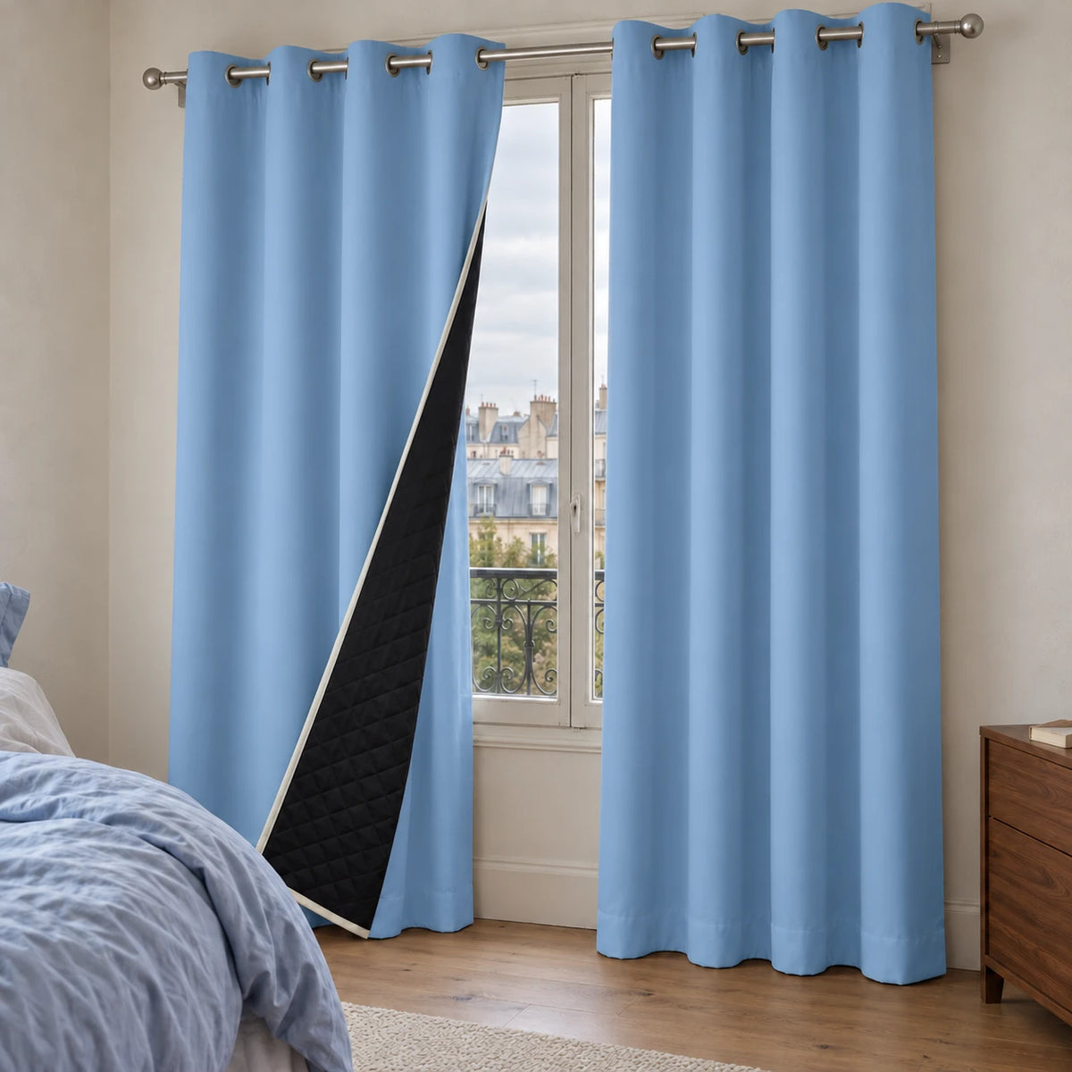 Rideau thermique bleu ciel à œillets dans une chambre, avec le revers noir matelassé visible.