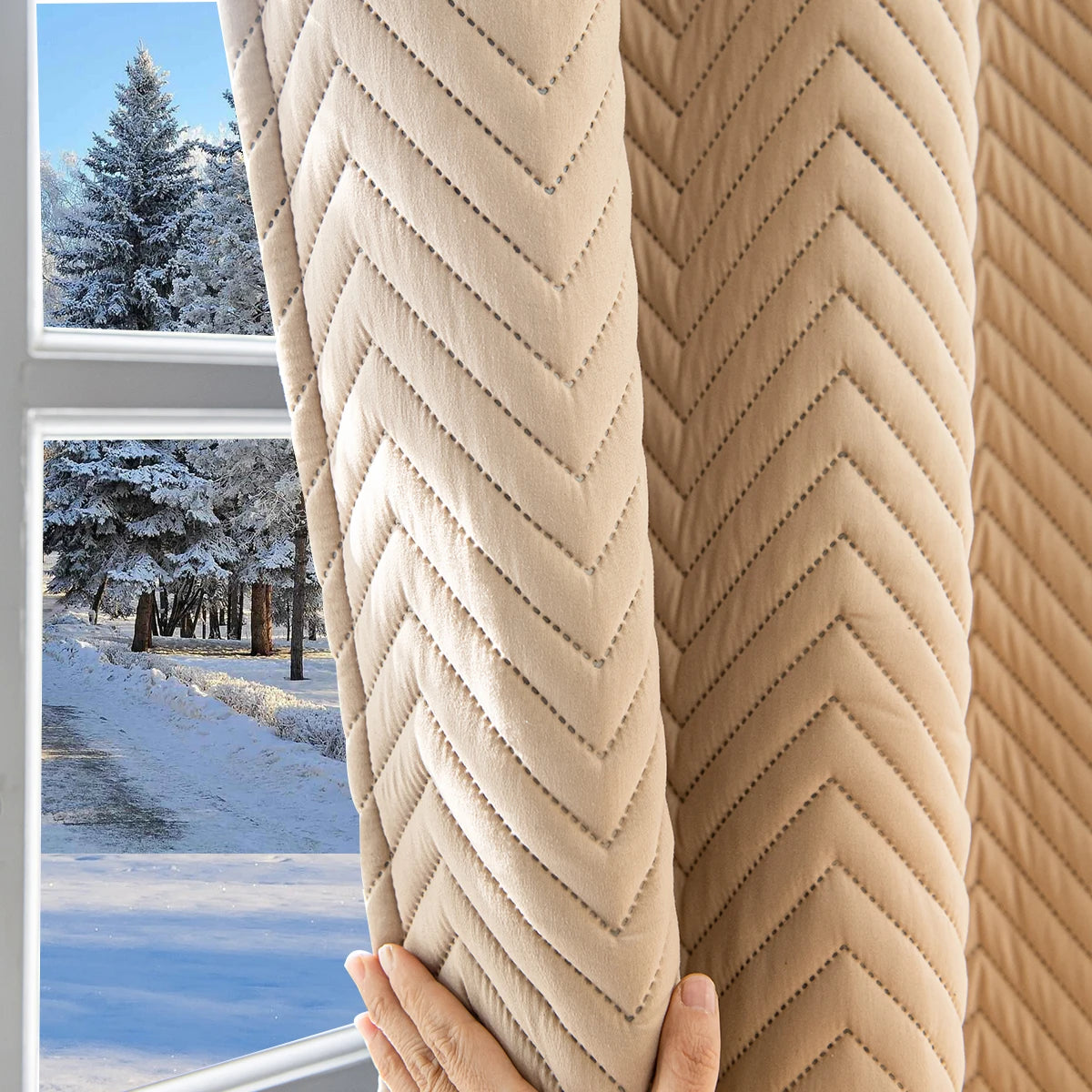 Rideau thermique matelassé à chevrons 3 couches – Beige – détail tissu