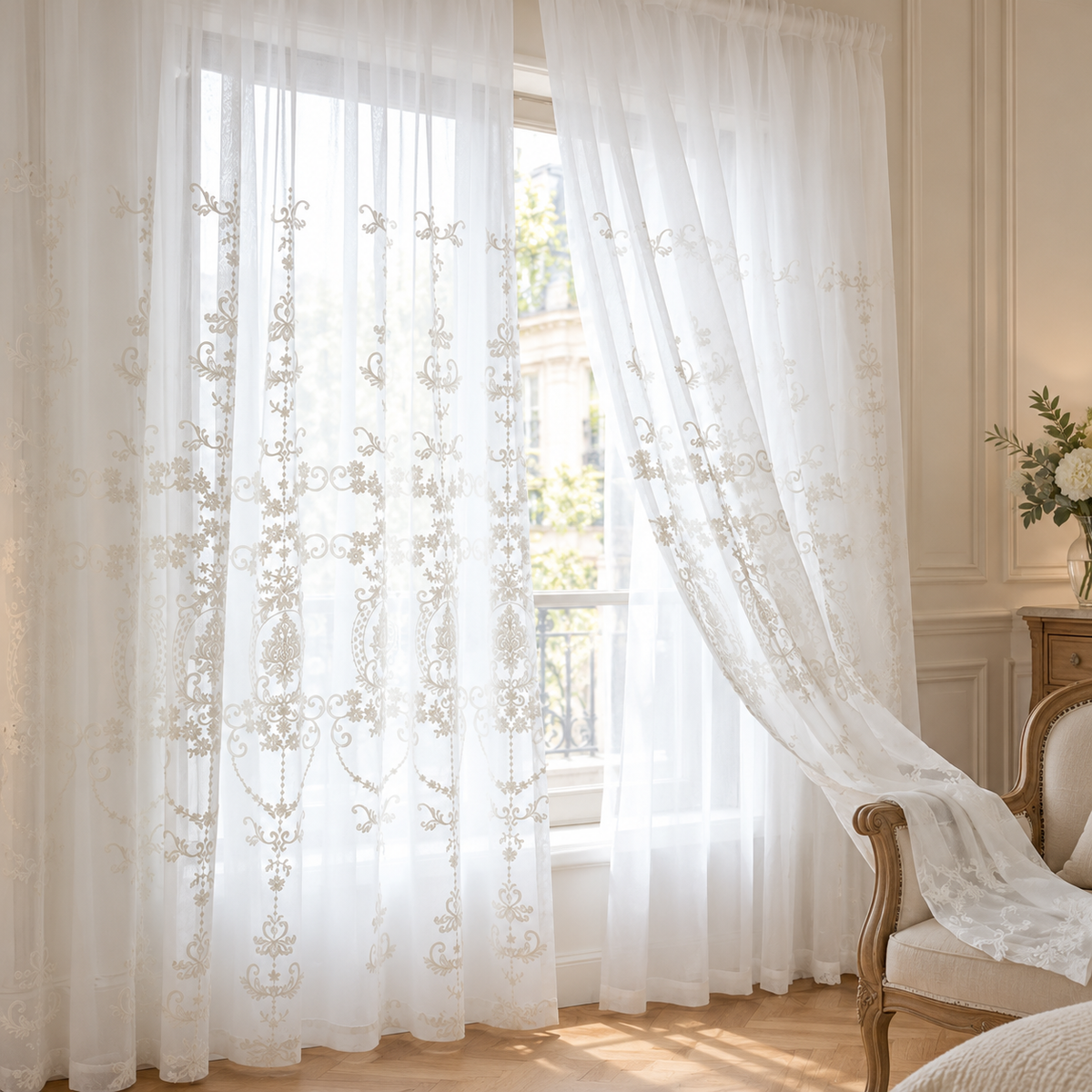Voilage brodé blanc à médaillons floraux – galon fronceur, vue en situation dans un intérieur lumineux