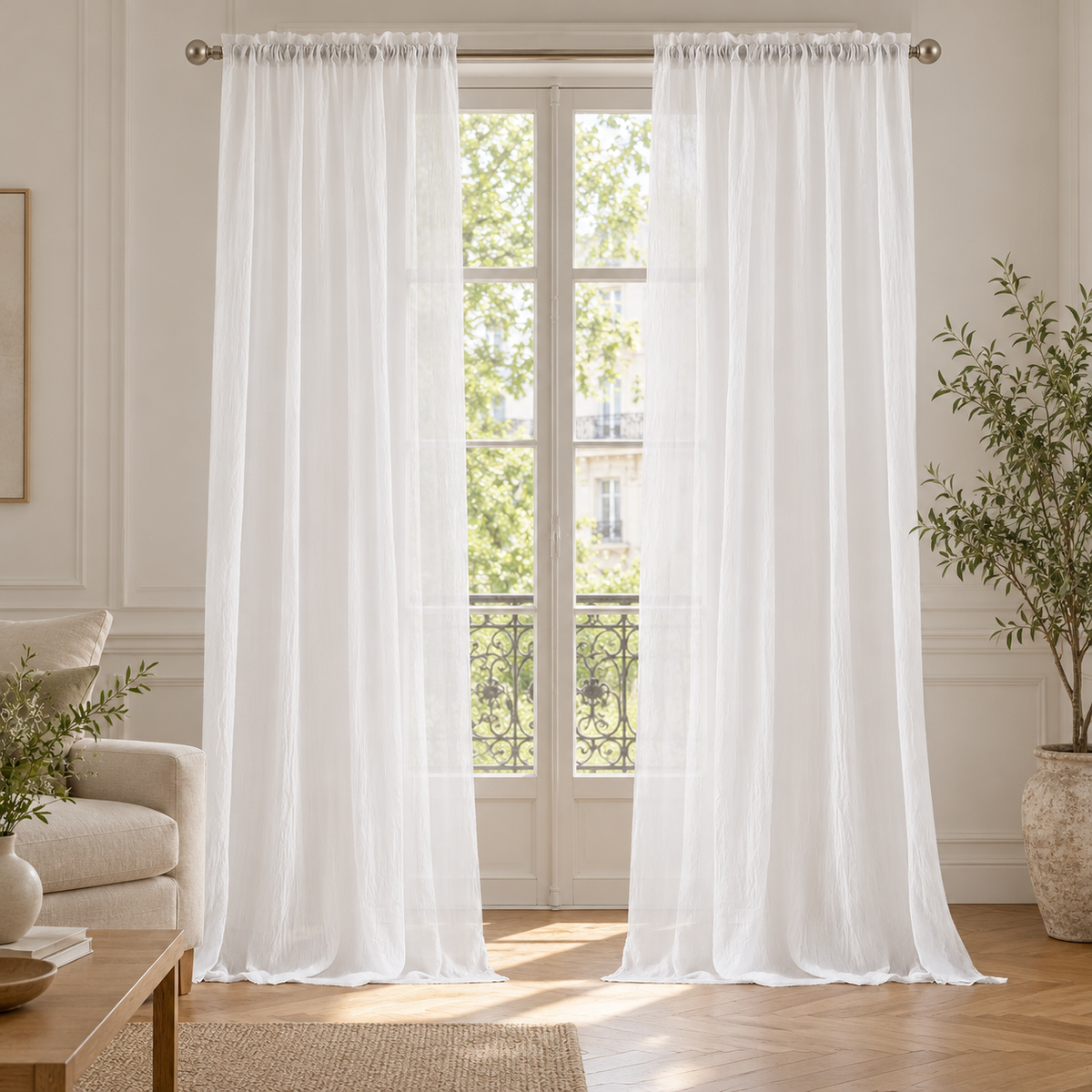 Voilage crêpe froissé polyester-coton à tête volantée – vue principale en décor