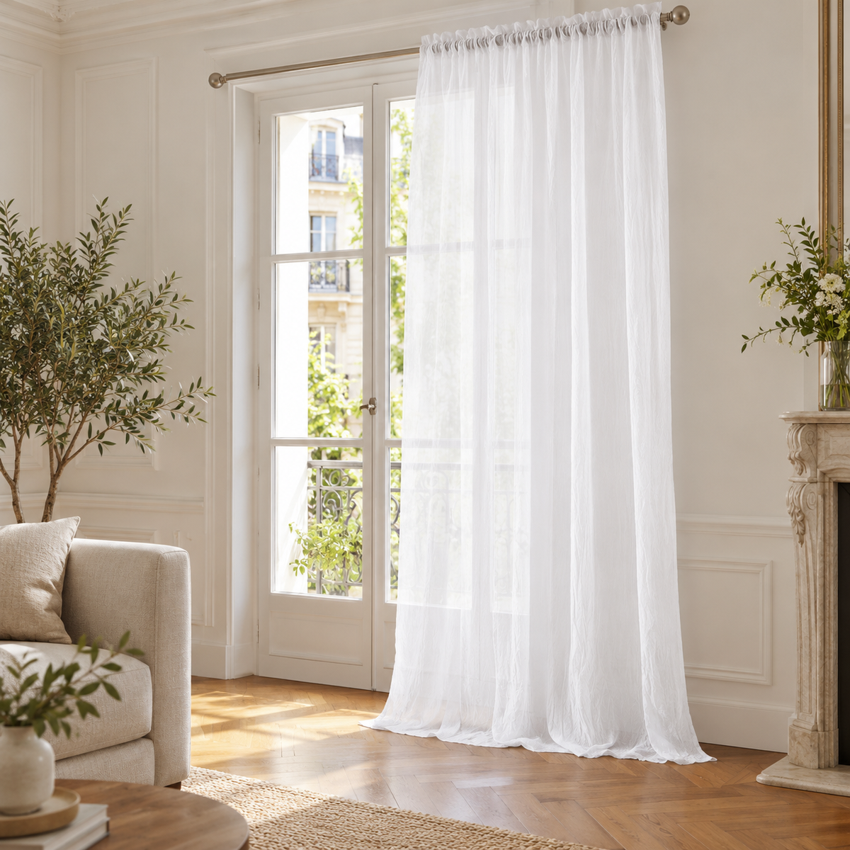 Voilage crêpe froissé polyester-coton à tête volantée – seconde mise en situation