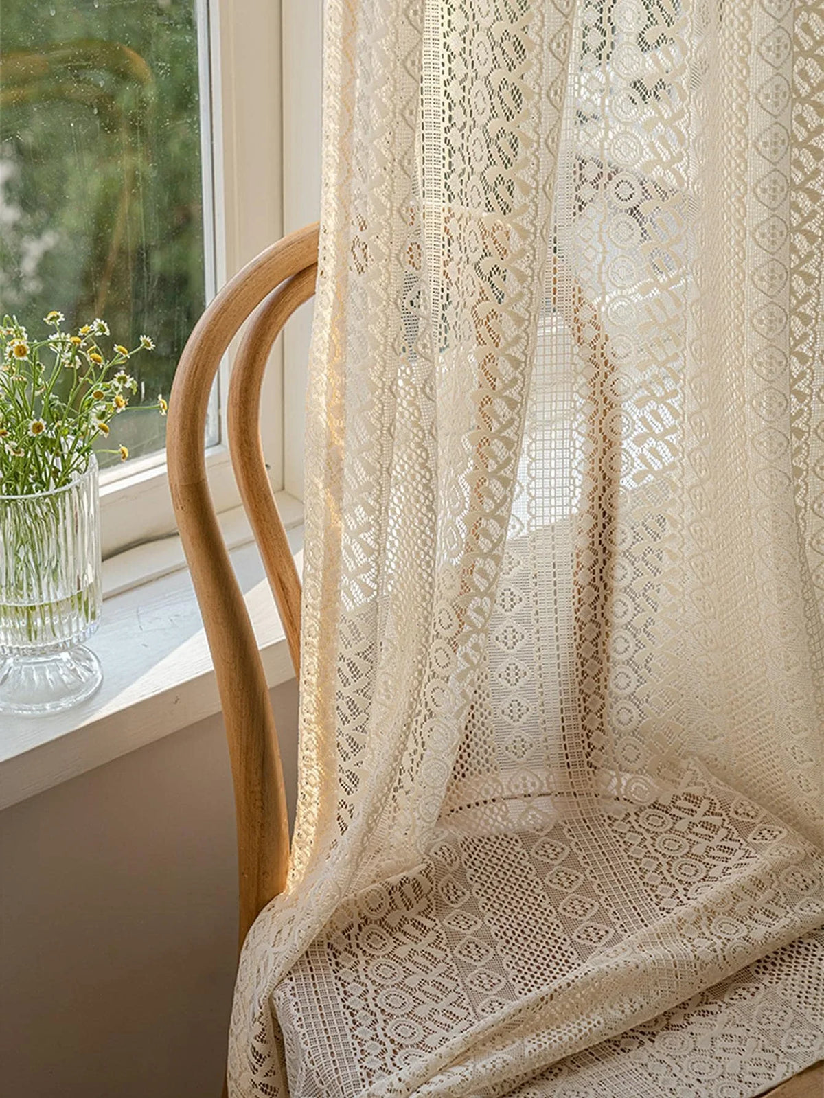 Voilage dentelle à losanges beige – Beige – détail tissu