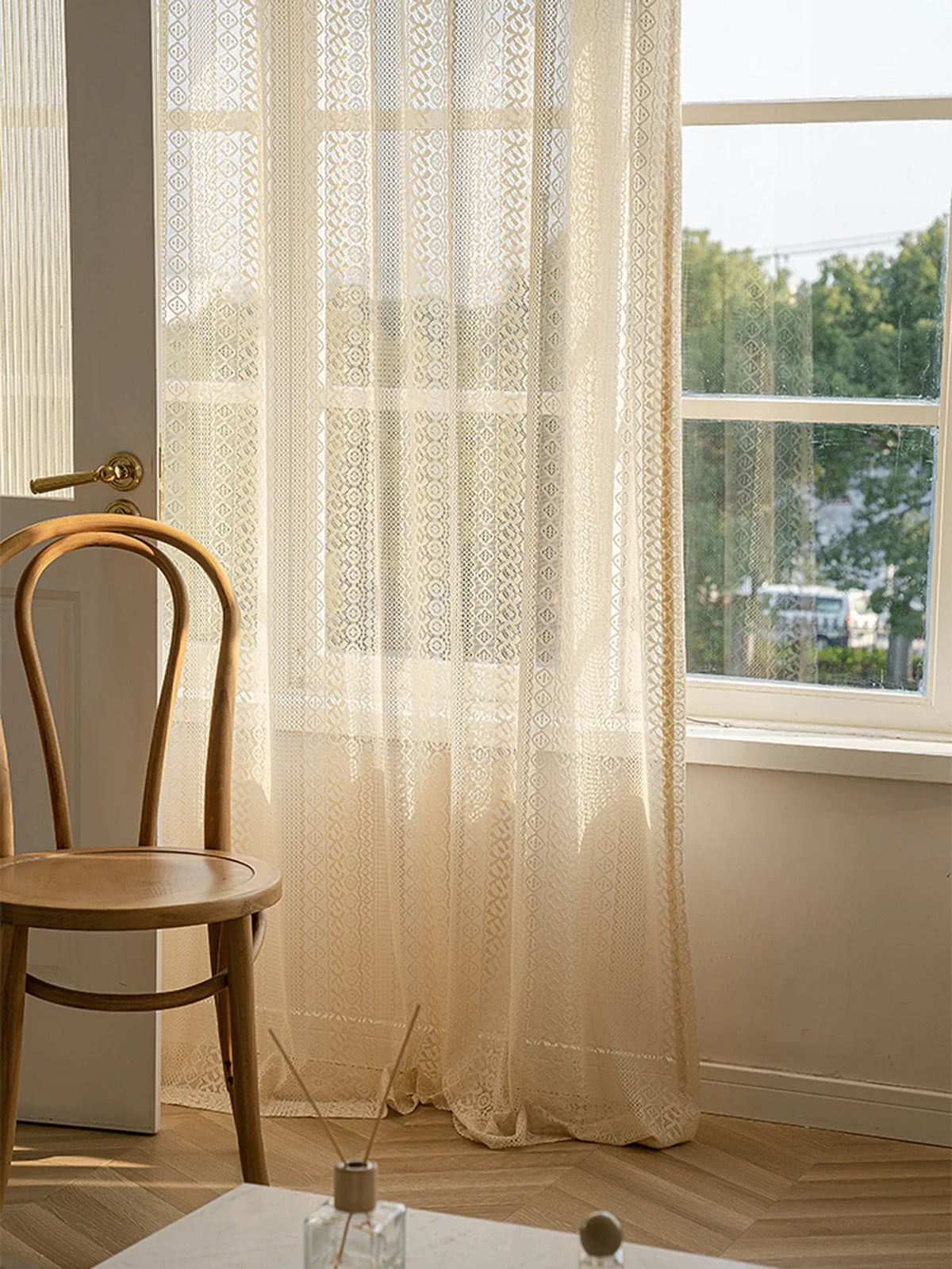 Voilage dentelle à losanges beige – Beige – vue entière